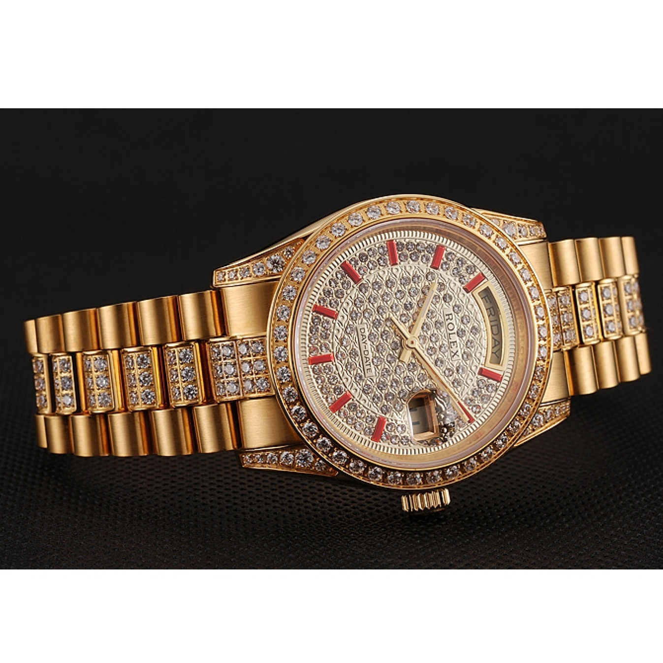 MiroTime 1015 Swiss Rolex Day-Date Red Diamond Pave Dial Gold Diamond Bracelet 1453960